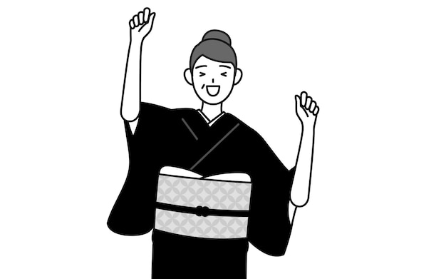 Saludo de Año Nuevo y bodas Mujer mayor en kimono sonriendo y saltando Ilustración vectorial