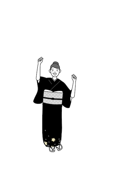 Saludo de Año Nuevo y bodas Mujer mayor en kimono sonriendo y saltando
