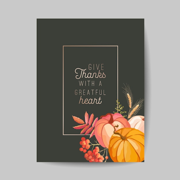 Saludo del día de acción de gracias, tarjeta de invitación, folleto, pancarta, plantilla de póster. calabaza de otoño, flores, hojas, elementos de diseño floral. ilustración vectorial