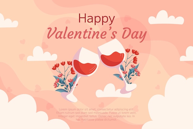 Saludo del Día de San Valentín con copas de vino y flores