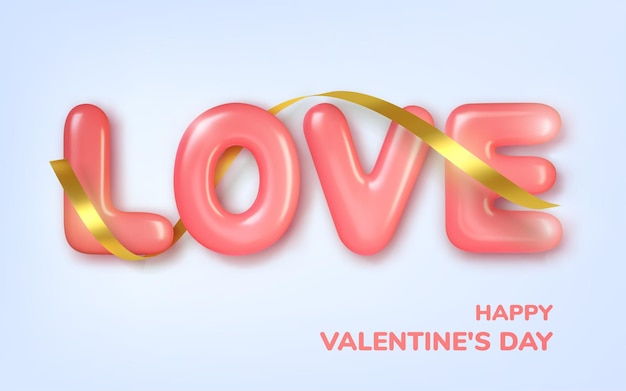 Saludo del día de San Valentín, corazones rosados realistas en oropel y texto de globos