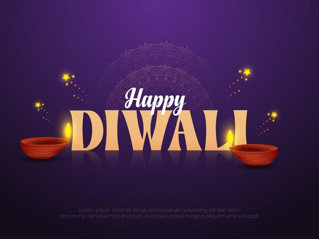 Saludo de Diwali con una lámpara Diya con iluminación brillante sobre un fondo púrpura