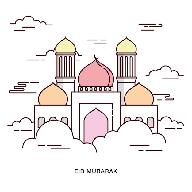 Vector saludo de eid mubarak con mezquita sobre las nubes