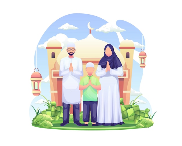 Saludo de Eid Mubarak y saludo de Ramadán con una ilustración de familia musulmana