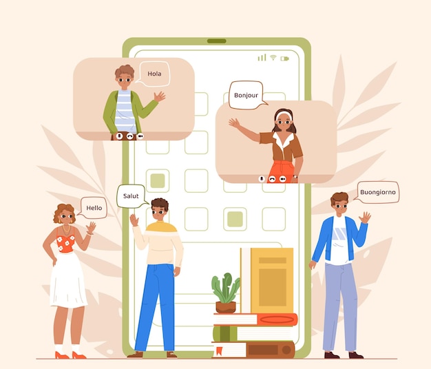 Saludo extranjero jóvenes hablan hola desde el teléfono estudiantes de idiomas internacionales amigos multiculturales charlan red global escena vectorial acogedora