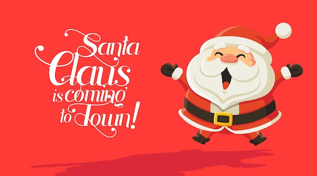 Vector saludo de feliz navidad con dibujos animados lindo santa claus saltando con entusiasmo sobre fondo rojo.