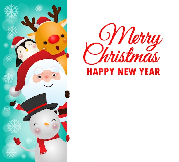 Saludo feliz Navidad con renos y muñeco de nieve, pingüino