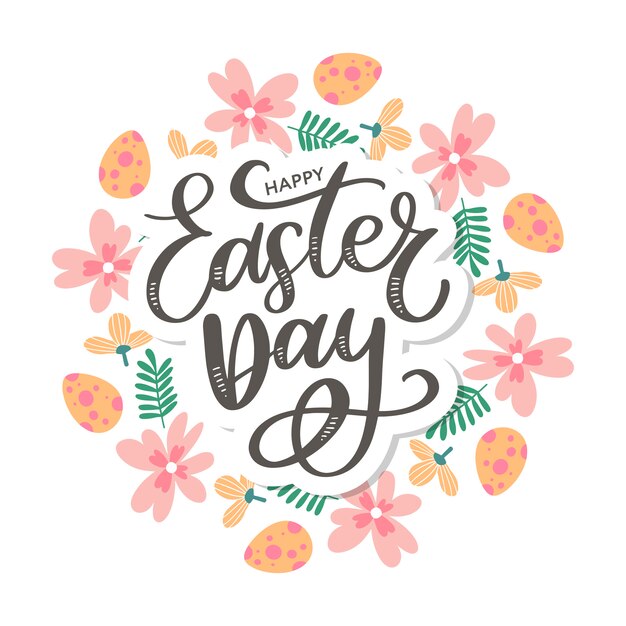 Saludo feliz Pascua colorido con composición de huevos de flores.
