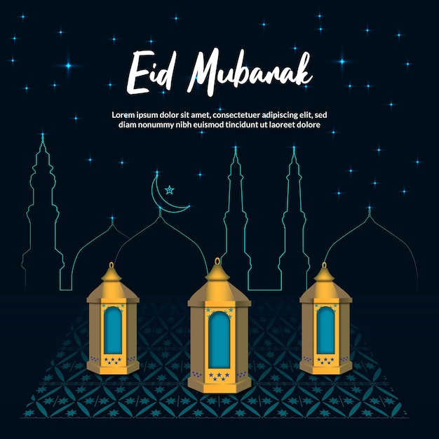 Vector saludo del festival eid mubarak con lámparas y arquitectura islámica vector premium