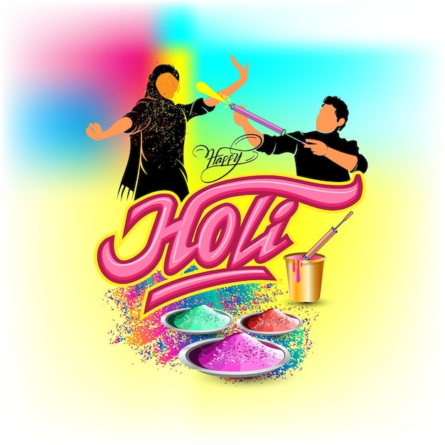 Vector saludo del festival holi con ilustración de pareja de baile de artes tipográficas