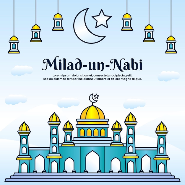 Saludo del festival milad un nabi mubarak con fondo de mezquita