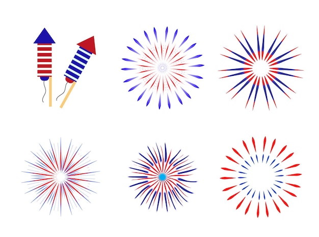 Saludo de fuegos artificiales en colores tradicionales Estados Unidos conjunto de elementos para su diseño Día de la Independencia de Estados Unidos 4 de julio concepto Ilustración vectorial
