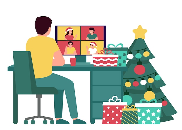 Saludo de hombre con gente en línea en Navidad y año nuevo, vista posterior, reunión virtual de videollamada