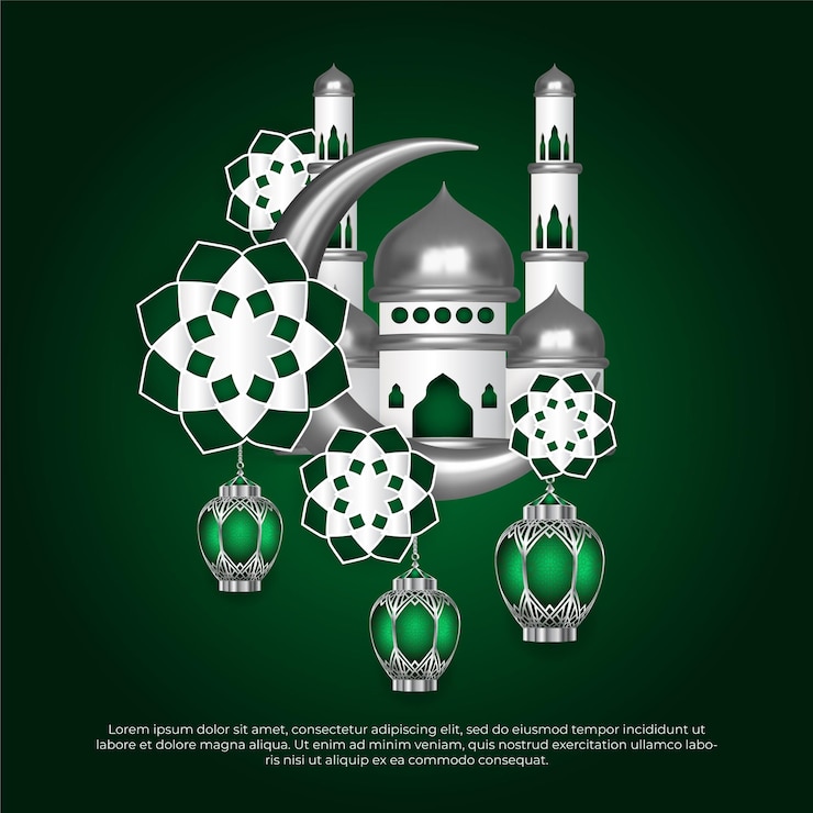 Vector saludo islámico eid al adha 3d con lámparas colgantes mezquita mandala y luna fondo verde