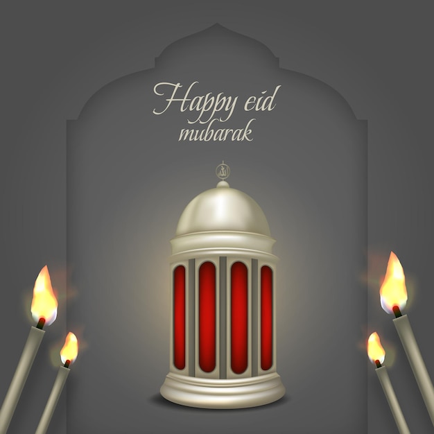 Vector saludo islámico feliz eid mubarak con linterna y flambeau