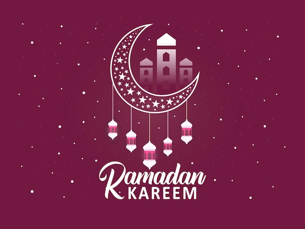 Saludo islámico ramadan kareem con hermosas linternas y luna creciente