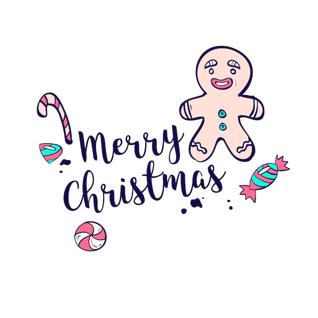 Saludo de letras navideñas con bastón de caramelo y hombre de jengibre