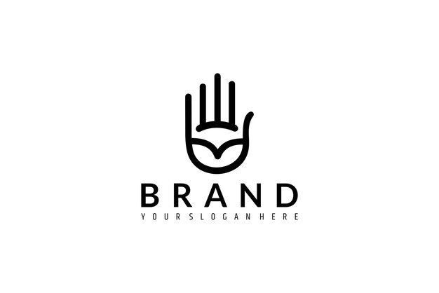 Saludo, logotipo de la mano, palma de la mano con estilo de diseño de arte lineal