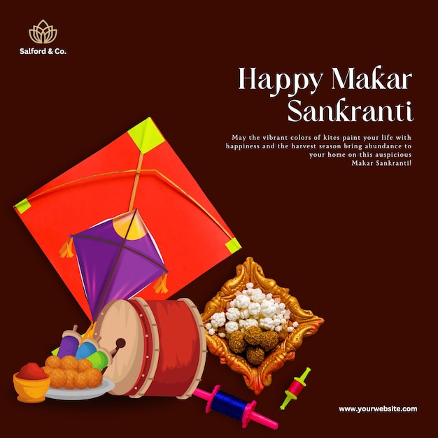 El saludo de Makar Sankranti ilustrativo marrón y amarillo en Instagram