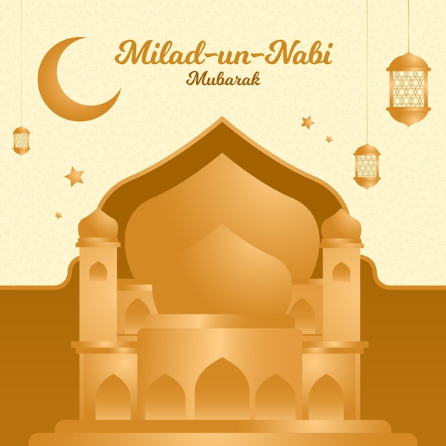 Saludo de mawlid milad-un-nabi con mezquita y luna