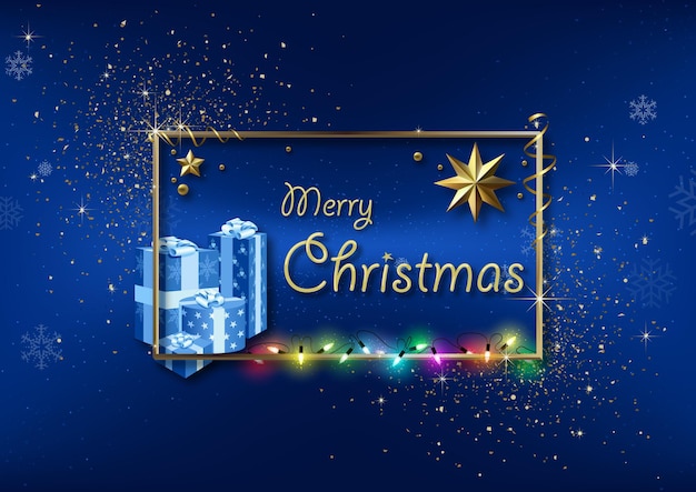 Saludo de Navidad azul con marco dorado y brillos y coloridas luces navideñas