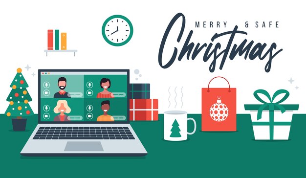 Vector saludo de navidad en línea. personas que se reúnen en línea junto con familiares o amigos videollamadas en la discusión virtual de la computadora portátil.