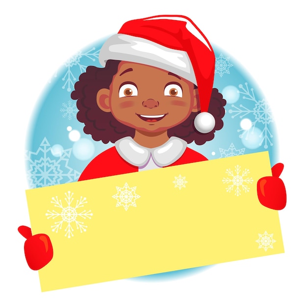 Saludo de navidad. niña afroamericana tiene tarjeta de navidad. niña, en, santa claus, sombrero