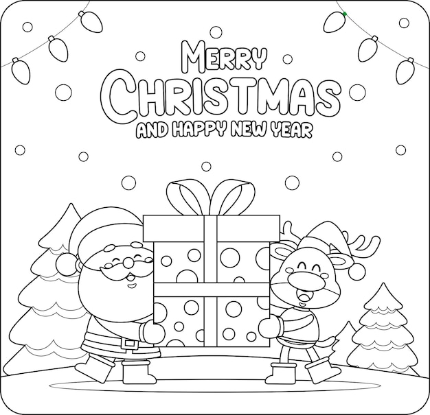 Saludo de Navidad con personajes de dibujos animados de Papá Noel y renos sosteniendo una caja de regalos