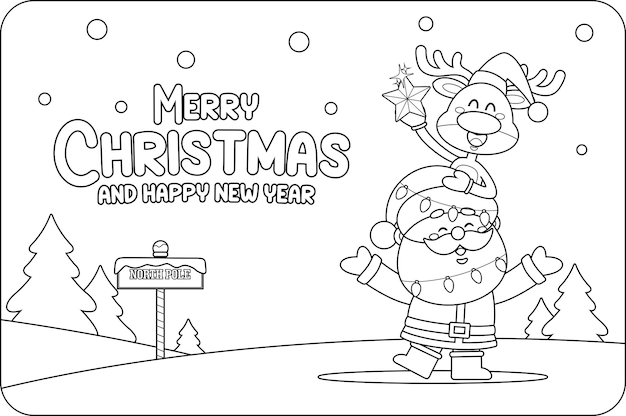 Saludo de Navidad con personajes de dibujos animados de Papá Noel y renos
