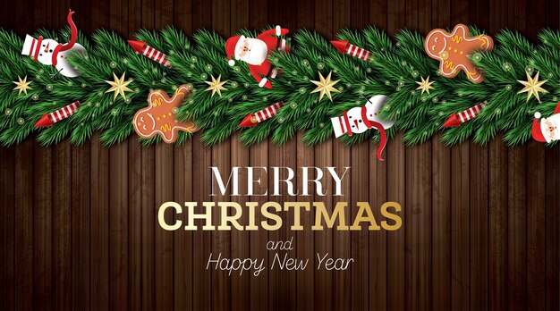 Saludo de Navidad con ramas de árboles y adornos en textura de madera