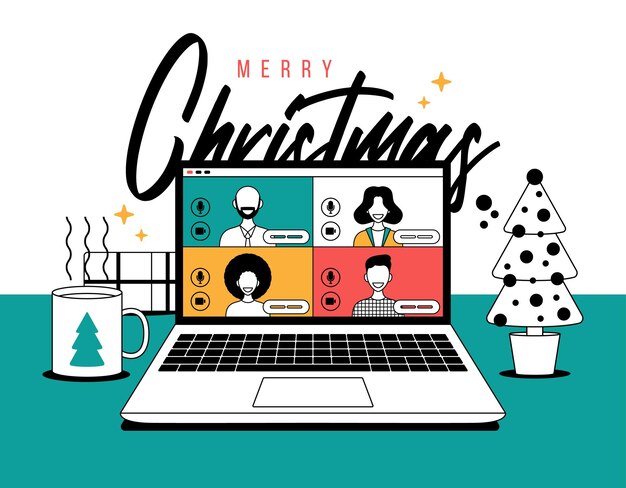 Saludo navideño en línea en estilo de contorno personas que se reúnen en línea junto con familiares o amigos videollamadas en una computadora portátil discusión virtual Grupo de personas que se reúnen por videoconferencia en navidad