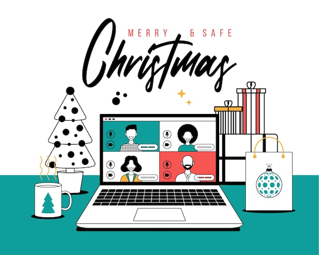 Saludo navideño en línea en estilo de contorno personas que se reúnen en línea junto con familiares o amigos videollamadas en una computadora portátil discusión virtual grupo de personas que se reúnen por videoconferencia en navidad