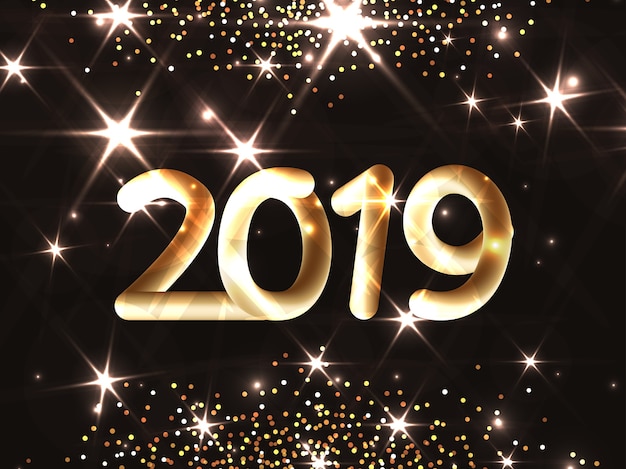 Saludo de oro año nuevo con estrellas brillantes.