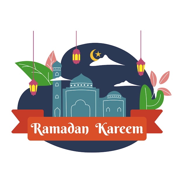 Saludo de ramadán kareem de diseño plano. celebrando eid mubarak