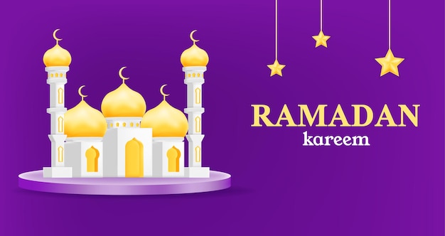Saludo de Ramadán Kareem con una mezquita dorada y estrellas en un fondo púrpura ilustración 3d