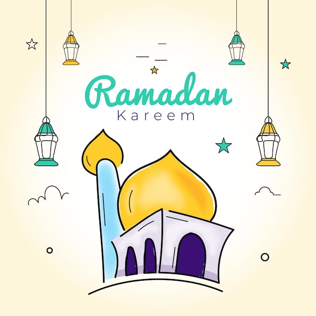 Saludo de ramadan kareem con mezquita y lámparas