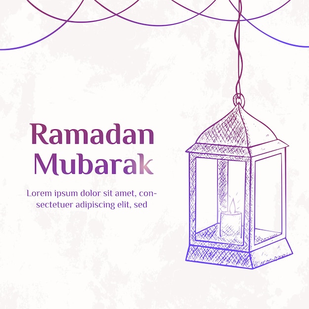 Saludo de Ramadán Mubarak con una linterna de dibujo púrpura