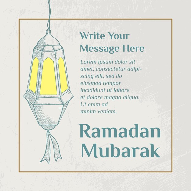 Saludo de Ramadán Mubarak con una sola linterna de oro en un fondo texturizado