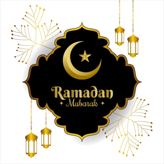 saludo de ramzan mubarak con linterna de diseño islámico y vector de luna de eid