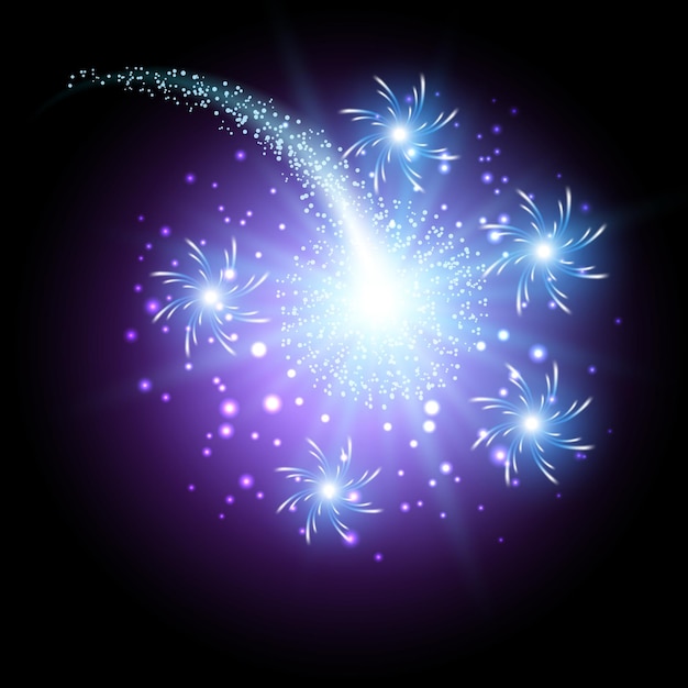 Vector saludo resplandeciente y fuegos artificiales con estrellas brillantes.