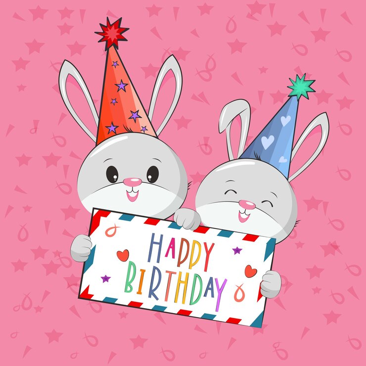 Vector saludo de tarjeta de cumpleaños con lindo personaje de rabitts. ilustración vectorial