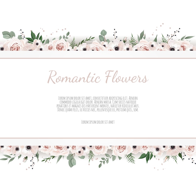 Saludo, tarjeta postal de invitación de boda. marco elegante con rosa y anémona.