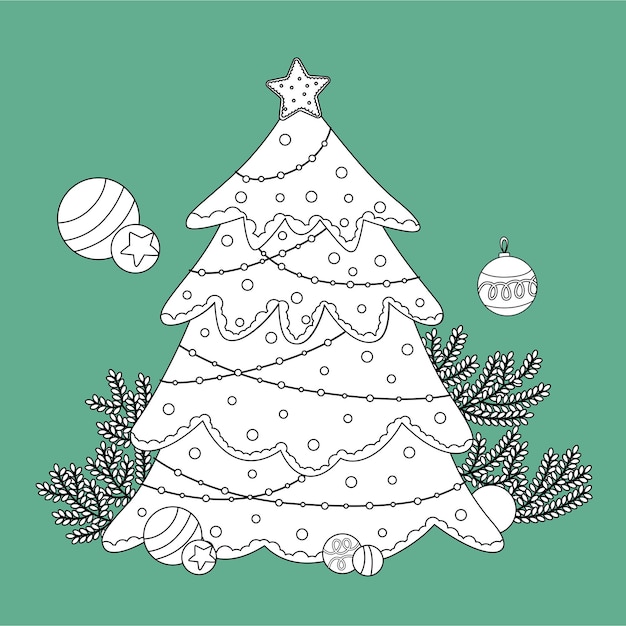 Saludo de la temporada del árbol de navidad dibujos animados contorno de sello digital