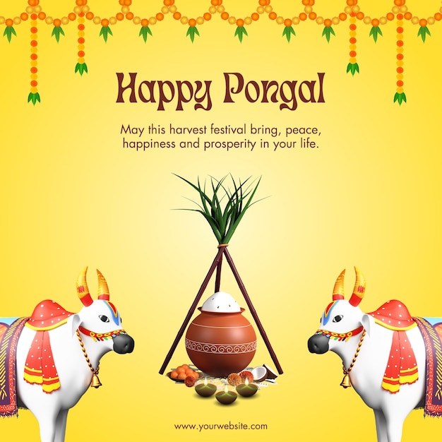 Saludo tradicional ilustrativo de Pongal en amarillo y naranja en Instagram