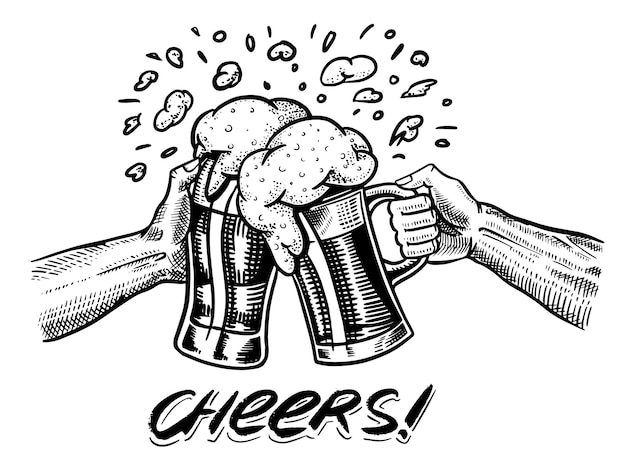 Saludos brindis Cerveza en la mano Etiqueta alcohólica vintage con elemento caligráfico Banner o afiche americano Letras de boceto grabadas dibujadas a mano para el menú del pub web