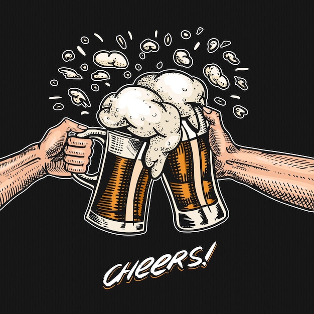 Saludos brindis Cerveza en la mano Etiqueta alcohólica vintage con elemento caligráfico Banner o afiche americano Letras de boceto grabadas dibujadas a mano para el menú del pub web