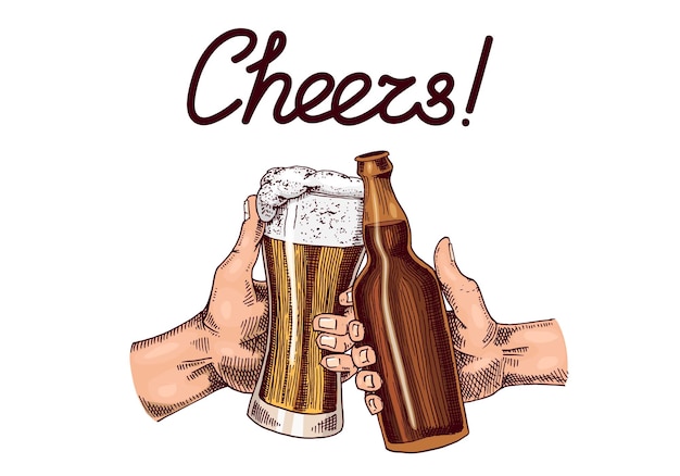 Saludos, brindis, cerveza en la mano, etiqueta alcohólica vintage, taza y botella, pancarta o afiche del Oktoberfest americano, boceto grabado dibujado a mano para invitación web al menú de fiesta o pub
