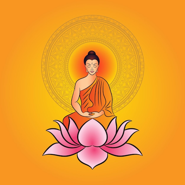 Saludos de buda purnima con buda sentado en la ilustración de pose de yoga de flor de loto