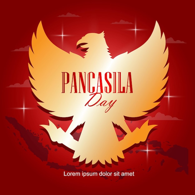 Saludos del día de Pancasila con símbolos dorados de Pancasila y fondos rojos