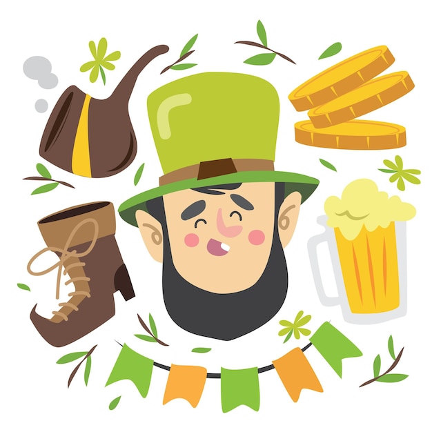 Saludos del día de san patricio con un sombrero y cerveza monedas de oro y trébol conjunto de elementos de diseño de ilustración vectorial